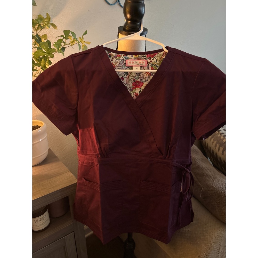 Koi by Kathy Peterson Burgundy Mock Wrap Scrub Top Small Side Tie Maroon NWOT